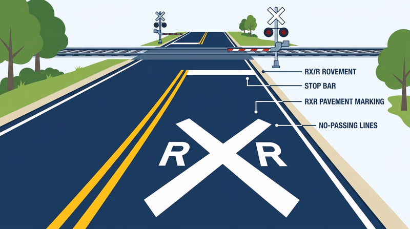 Road-approach diagram showing the white RXR pavement marking, no-passing lines, and stop bar placed before the nearest rail