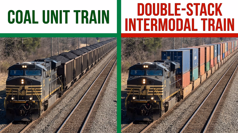 Side-by-side comparison of a unit coal train made of matching open hoppers and a double-stack intermodal train with containers stacked two high