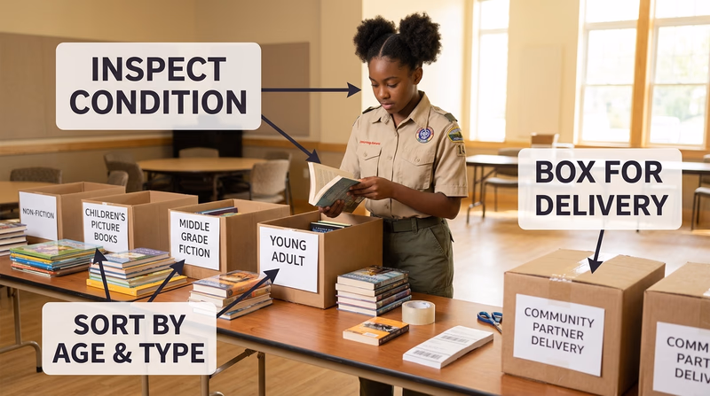 A Scout sorting donated books into labeled boxes by age level and type before delivery to a community partner