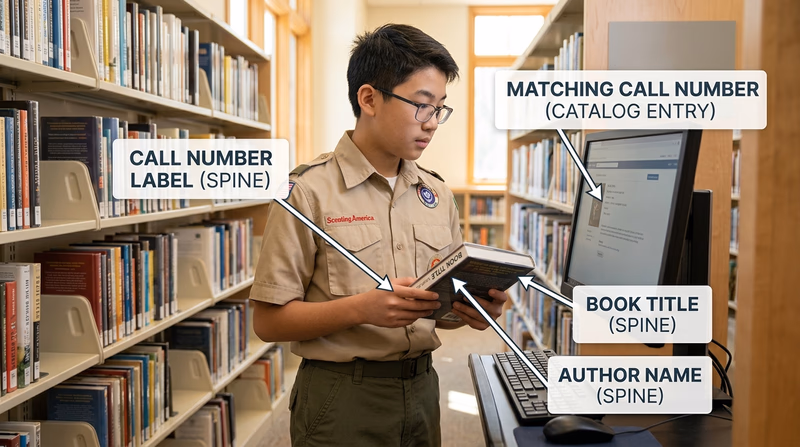 A Scout comparing a library catalog screen entry with the call number label on a nonfiction book spine in the library stacks