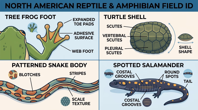 Four-panel field-mark comparison showing frog toe pads, turtle shell scutes, snake blotches, and salamander spots