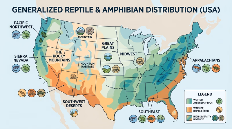 Simplified United States map showing wetter amphibian-rich regions and warmer reptile-rich regions