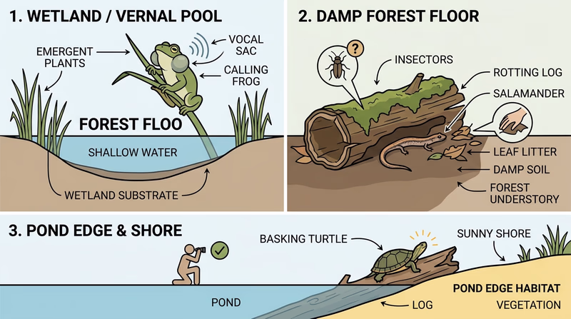 Three-part habitat overview showing a wetland frog, a forest salamander beneath a log, and a basking turtle near shore