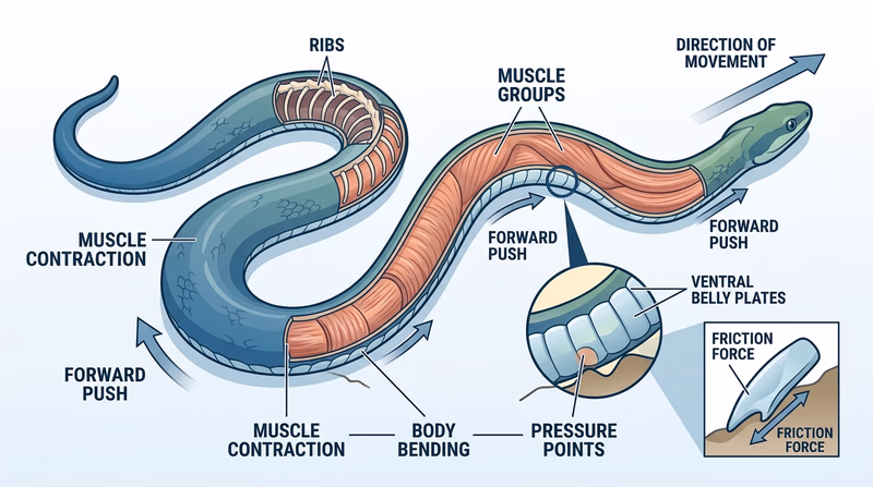 Cutaway diagram showing snake belly plates, ribs, and muscles working together during movement