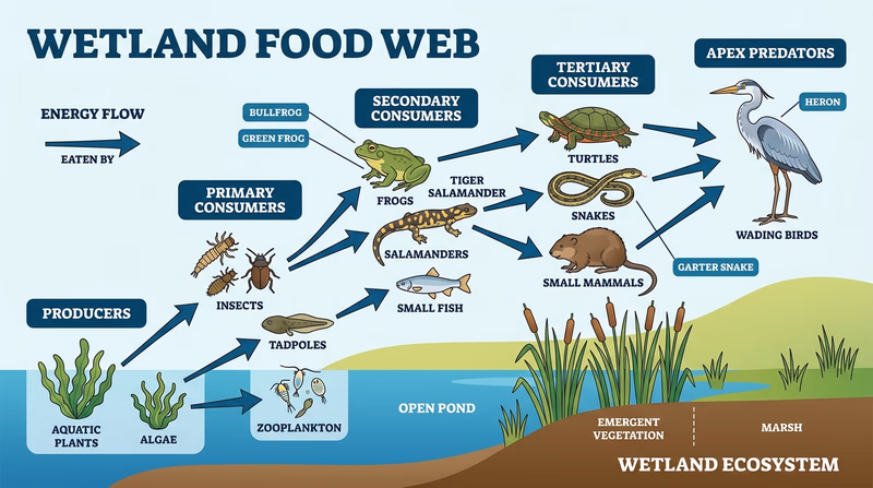 Wetland food web diagram showing insects, frogs, salamanders, snakes, turtles, birds, and mammals