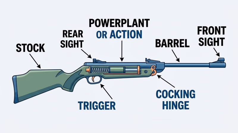 Labeled side-view diagram of a break-barrel air rifle showing the stock, powerplant, barrel, and major external parts