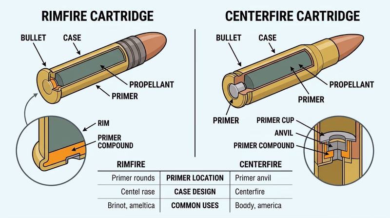 Side-by-side cutaway diagram of rimfire and centerfire cartridges labeling the case, bullet, primer, and propellant