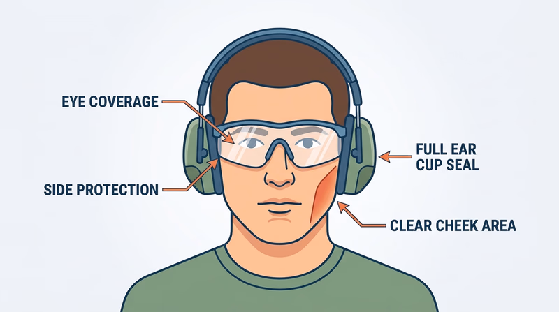 Diagram of a shooter wearing wraparound safety glasses and over-ear hearing protection with correct coverage and fit