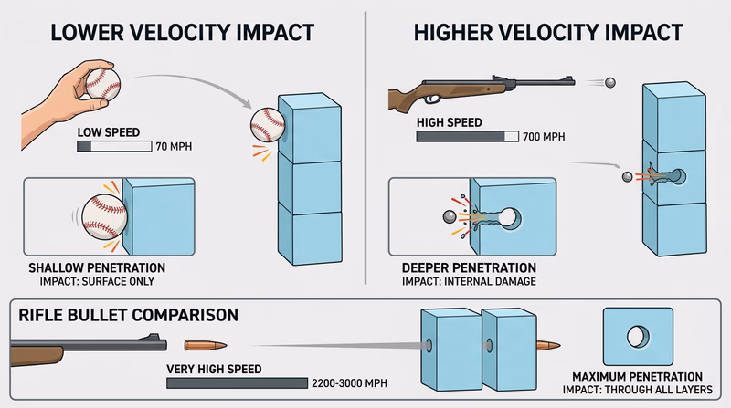 Side-by-side comparison of a thrown baseball, a BB, and a rifle bullet with simple visual indicators of speed and penetration depth