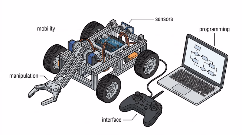 Illustrated robot diagram connecting interface, mobility, manipulation, programming, and sensors