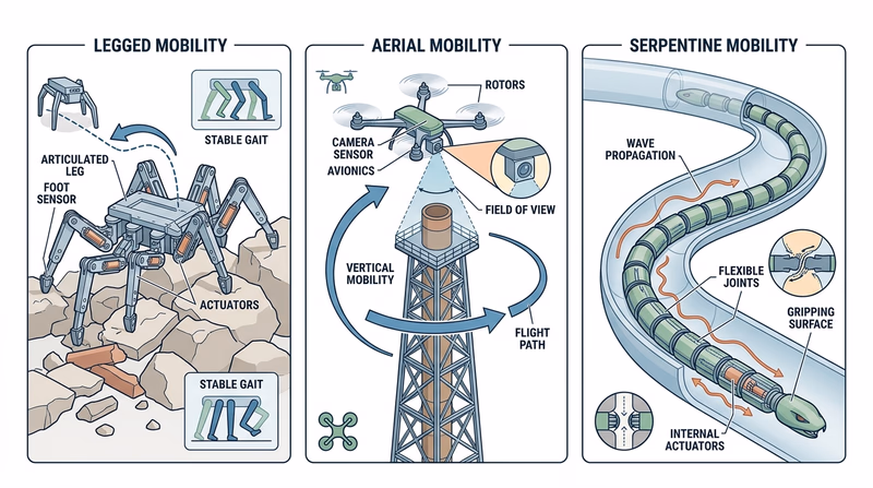Comparison of a legged robot, quadcopter, and snake robot in the environments they fit best