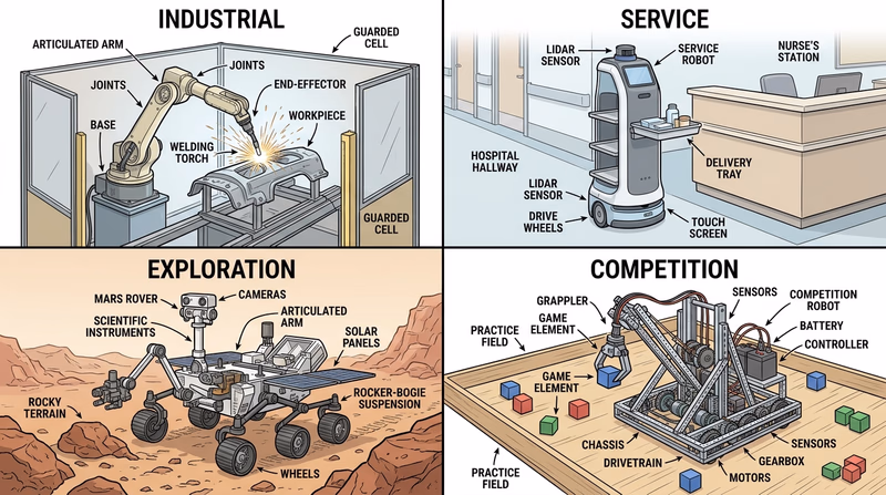 Four robotics scenes showing an industrial robot arm, hospital service robot, Mars rover, and student competition robot