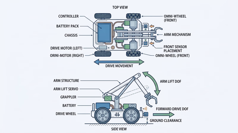 Robot design sketch showing sensor placement, subsystem layout, and two degrees of freedom