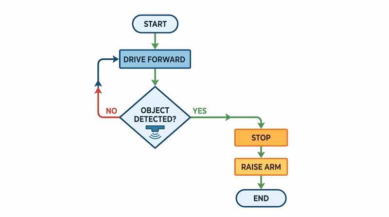 Flowchart showing a simple sensor-based robot program with action and decision branches