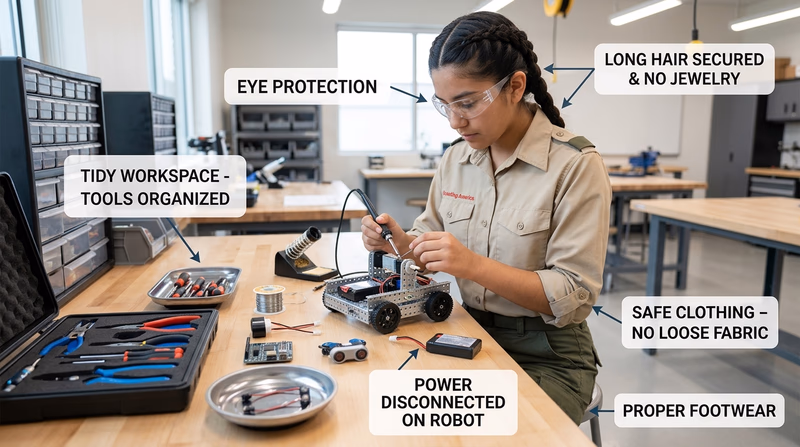Scout at a robotics workbench with safety glasses, secured hair, and an organized tool layout