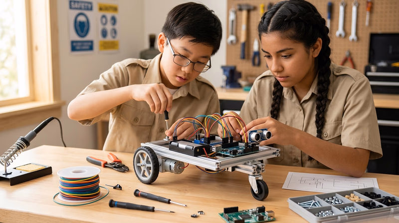 Half-built student robot on a bench showing frame, motors, battery, controller, and wiring