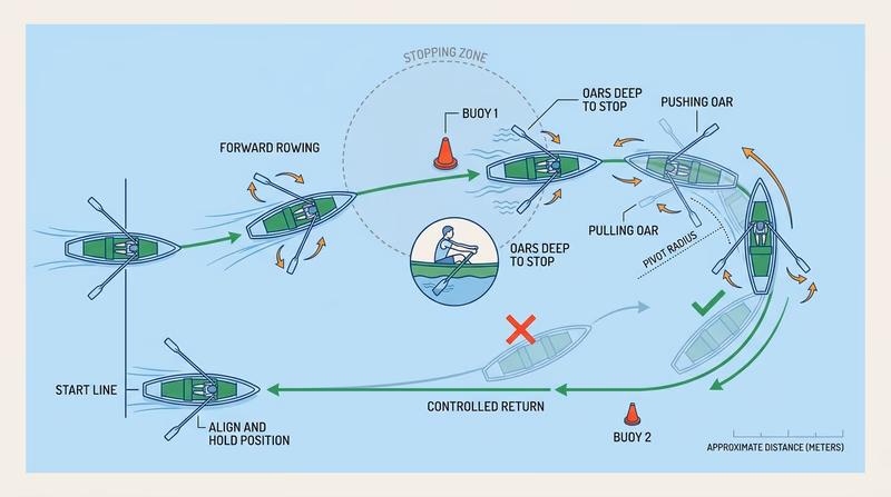 Top-down diagram of a rowboat stopping, pivoting, and returning between marker buoys