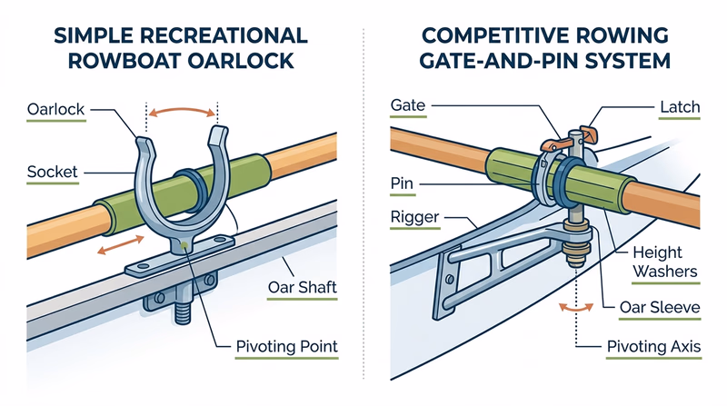 Side-by-side diagram comparing a recreational oarlock and a competitive gate-and-pin rowing setup