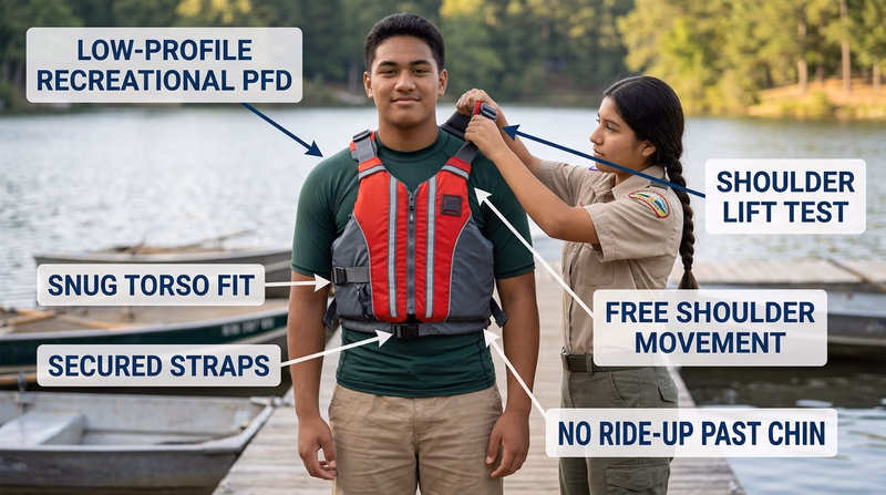 A Scout in a low-profile life jacket while a buddy performs the shoulder lift test, with fit checkpoints called out