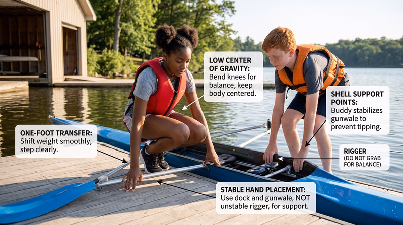 A Scout stepping carefully from a sliding-seat rowboat to a dock while a buddy stabilizes the shell