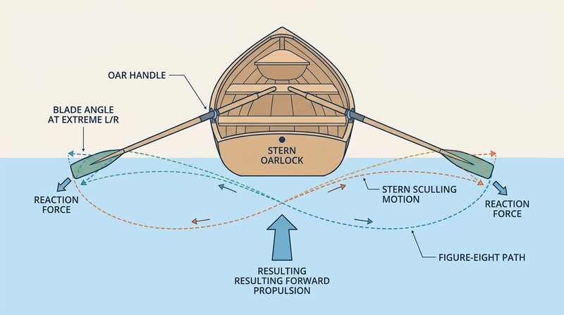 Diagram showing a single oar moving in a figure-eight sculling motion over the stern of a rowboat