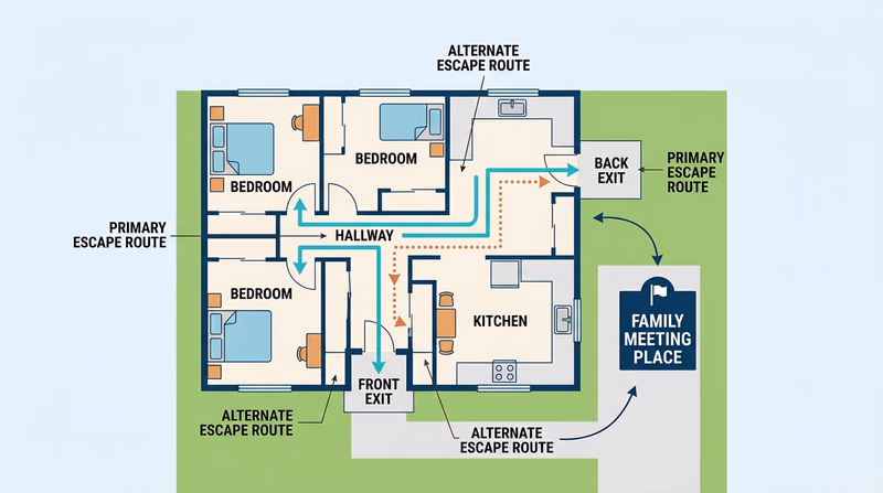 A simple home floor plan with two exits marked from bedrooms and a clear outdoor meeting place