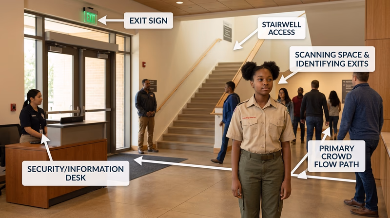 A Scout entering a public building and quietly noticing exit signs, stairwells, and crowd flow before an event starts