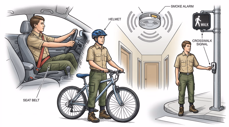 A Scout noticing several safety layers in everyday life, including a seat belt, bike helmet, smoke alarm, and crosswalk signal