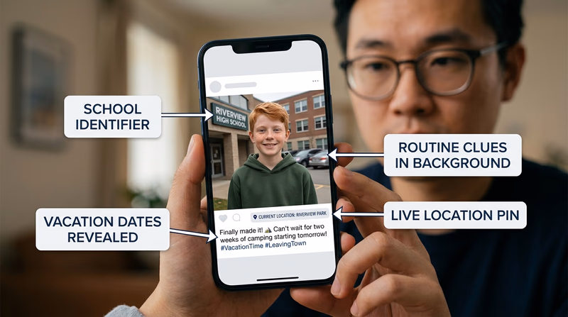A mock social media post with risky details like live location, school logo, and travel plans highlighted