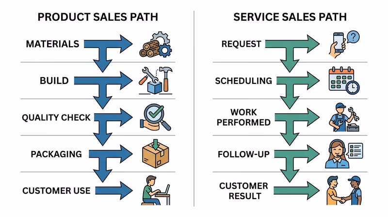 Two-column diagram comparing a product sales path and a service sales path, with labeled stages from creation through customer result