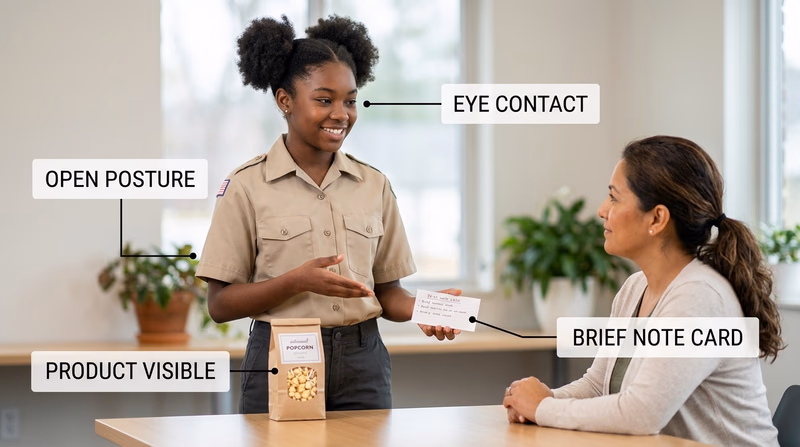 A Scout giving a simple sales presentation with a sample product, note card, and labeled callouts showing eye contact, open posture, and visible product placement