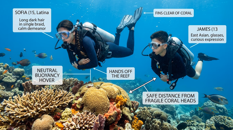 Diver hovering carefully above a coral reef without touching coral while small reef fish move around the scene