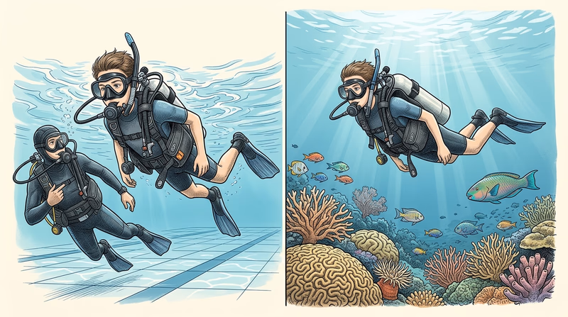 Split scene showing a Scout learning scuba skills in a pool on one side and exploring a clear open-water reef on the other