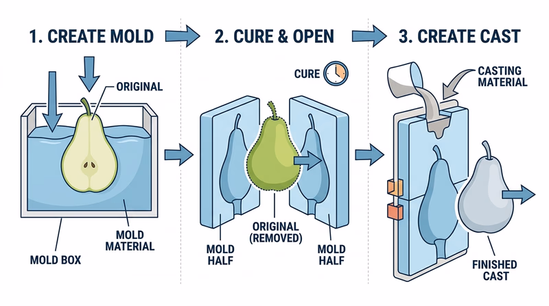 Three-panel process showing original pear, plaster mold half, and finished cast copy