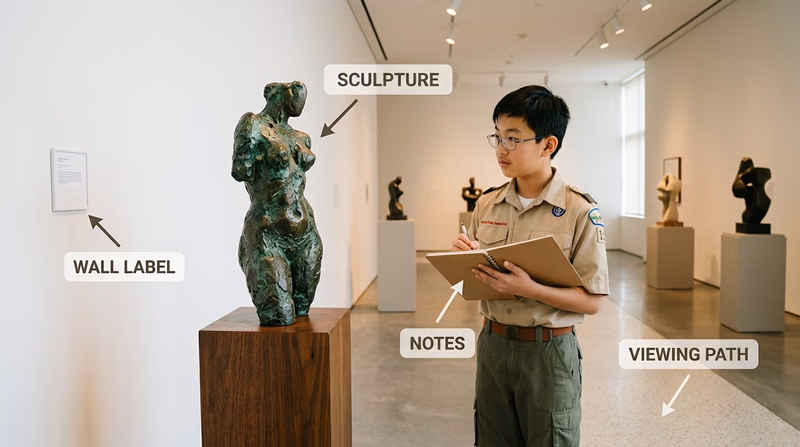 A Scout in an art museum sketching notes while comparing pedestal sculpture, wall labels, and visitor movement through the room