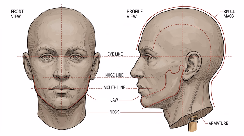 Front and side view of a clay head with major proportion lines marked for eyes, nose, mouth, jaw, and skull mass