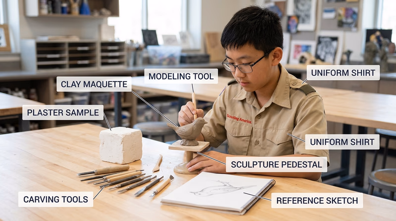 A Scout's worktable with clay, plaster, carving tools, and a small figure maquette showing sculpture as a hands-on art form