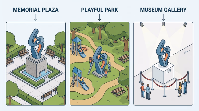 A Scout comparing a memorial sculpture, a playful park sculpture, and a museum pedestal piece to notice how location changes meaning