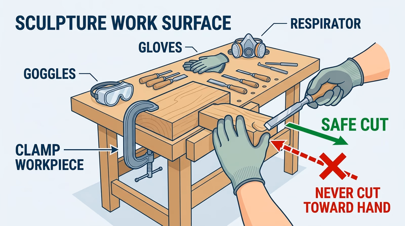 Carving tools laid out beside goggles, gloves, and a properly braced workpiece with arrows showing safe cutting direction
