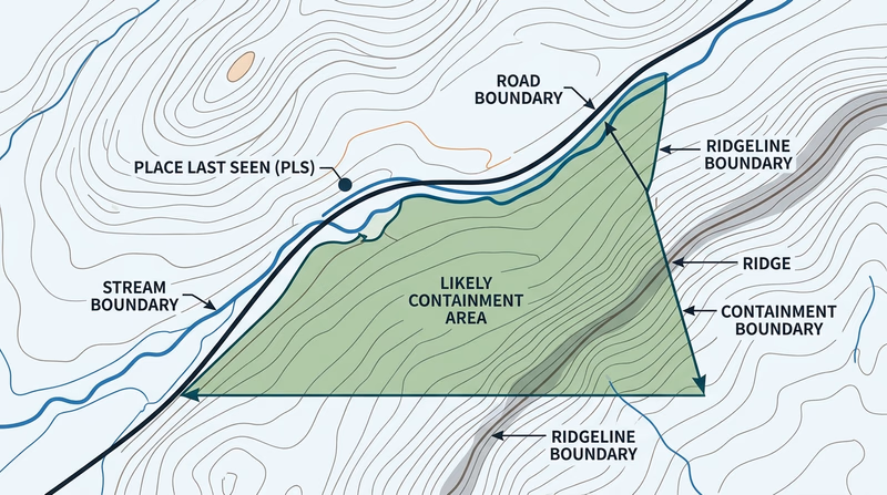 Topographic map with place last seen marked and likely containment boundaries highlighted along a road, stream, and ridgeline
