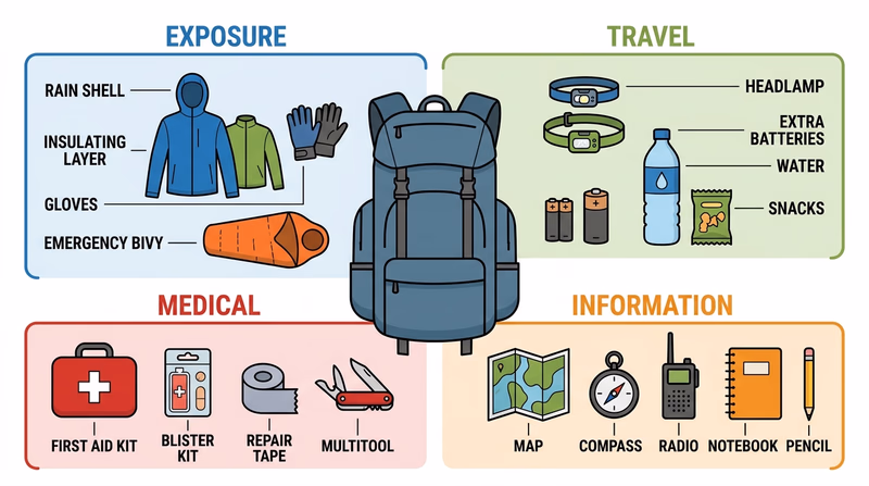 Search and rescue field pack with major safety gear laid out and labeled by hazard category