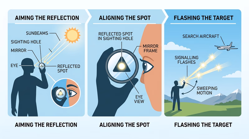 Scout using a signaling mirror and sighting hole to aim sunlight toward a distant search aircraft