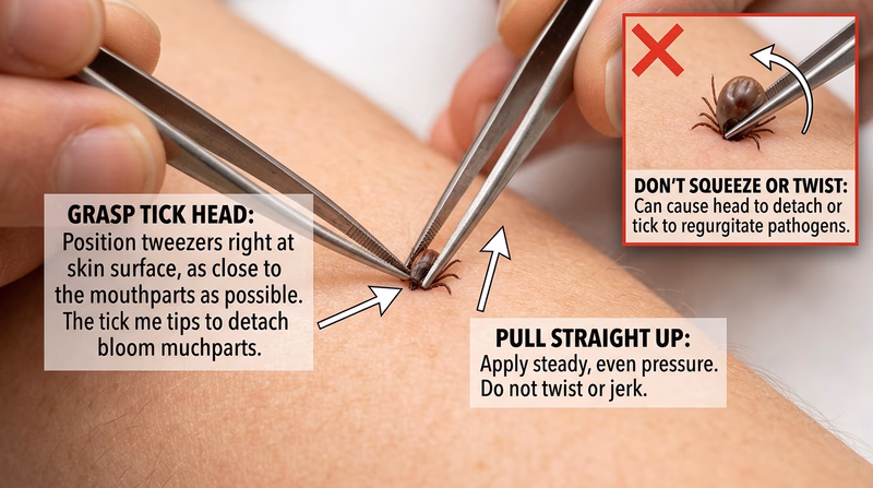 Correct tick removal with fine-tipped tweezers pulling straight out close to the skin