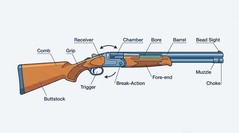 Labeled diagram of a break-action shotgun showing its main parts