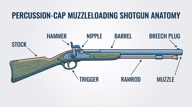 Labeled diagram of a percussion-cap muzzleloading shotgun showing its main parts