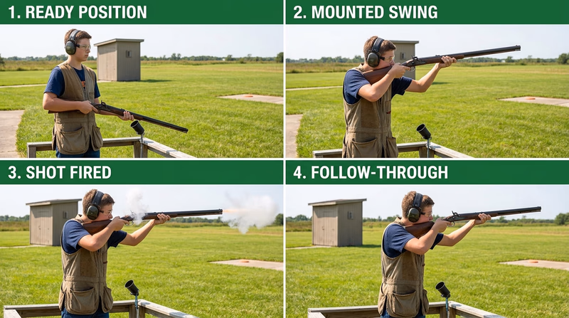 Four-panel sequence showing a shooter mounting, swinging, firing, and following through with a muzzleloading shotgun