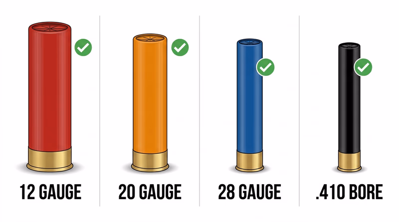 Side-by-side size comparison of 12-gauge, 20-gauge, 28-gauge, and .410 bore shells