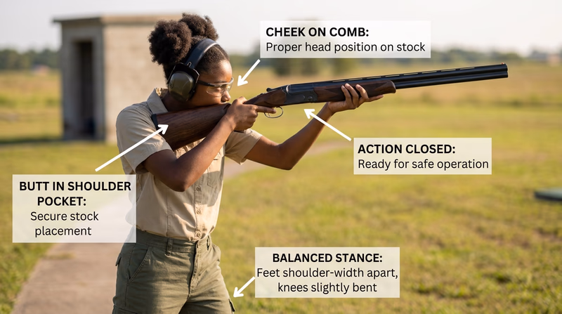 Side view showing a correct shotgun mount with cheek contact and shoulder placement