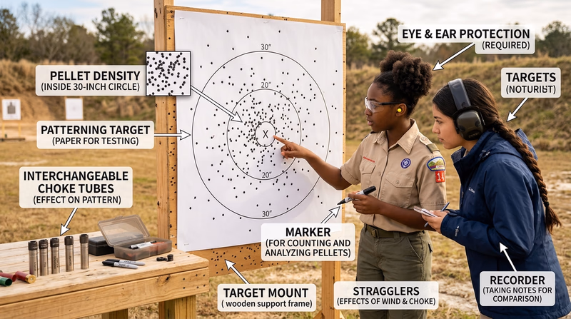 Shooter examining a shotgun pattern board with pellet spread on paper