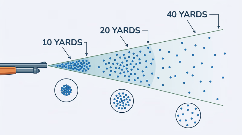 Diagram showing shotgun pellet spread widening at 10, 20, and 40 yards